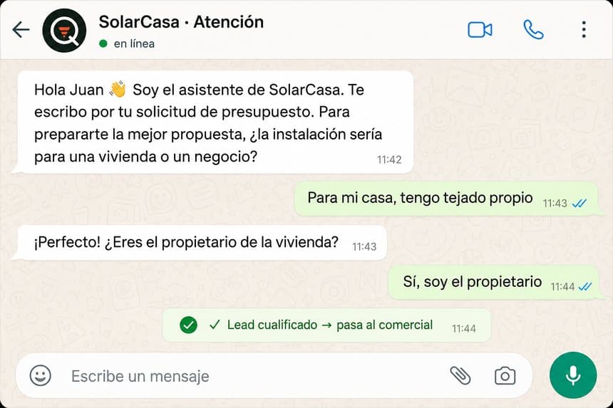 Conversación de WhatsApp: el agente cualifica al lead con la marca del cliente